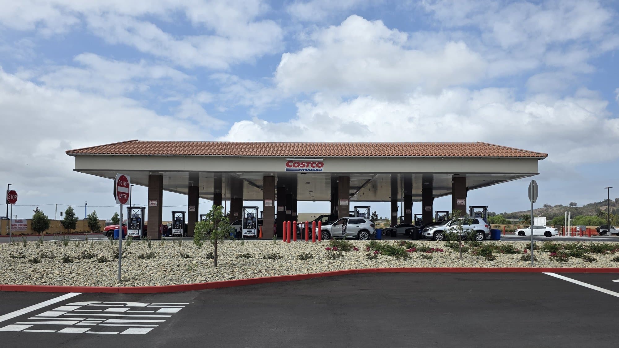 The Costco Wholesale gas station in Camarillo under its red tile roof, with cars at the pumps